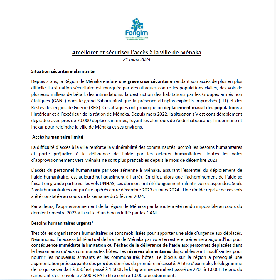 Note de plaidoyer accès Ménaka